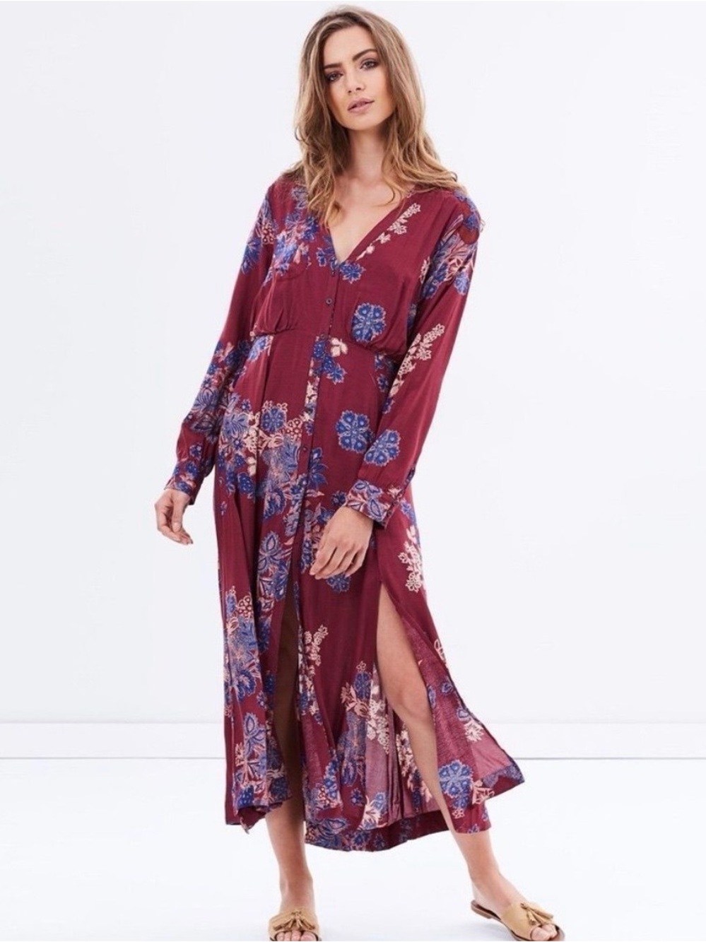 Free People Miranda Midi Dress Size 6 Burgundy Floral Boho